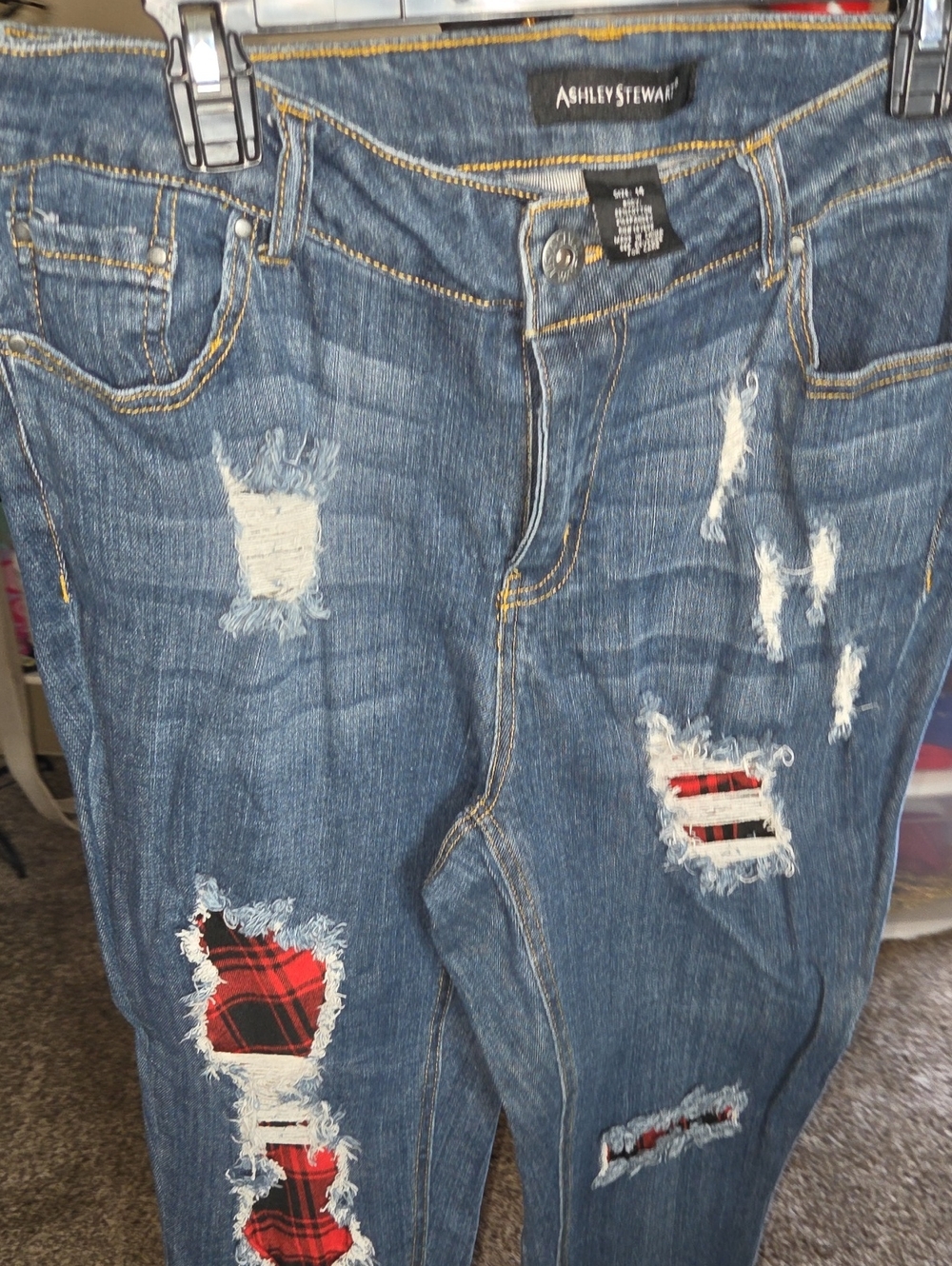 Ashley Stewart Blue Distressed Boyfriend Jeans with Red Plaid Patches
